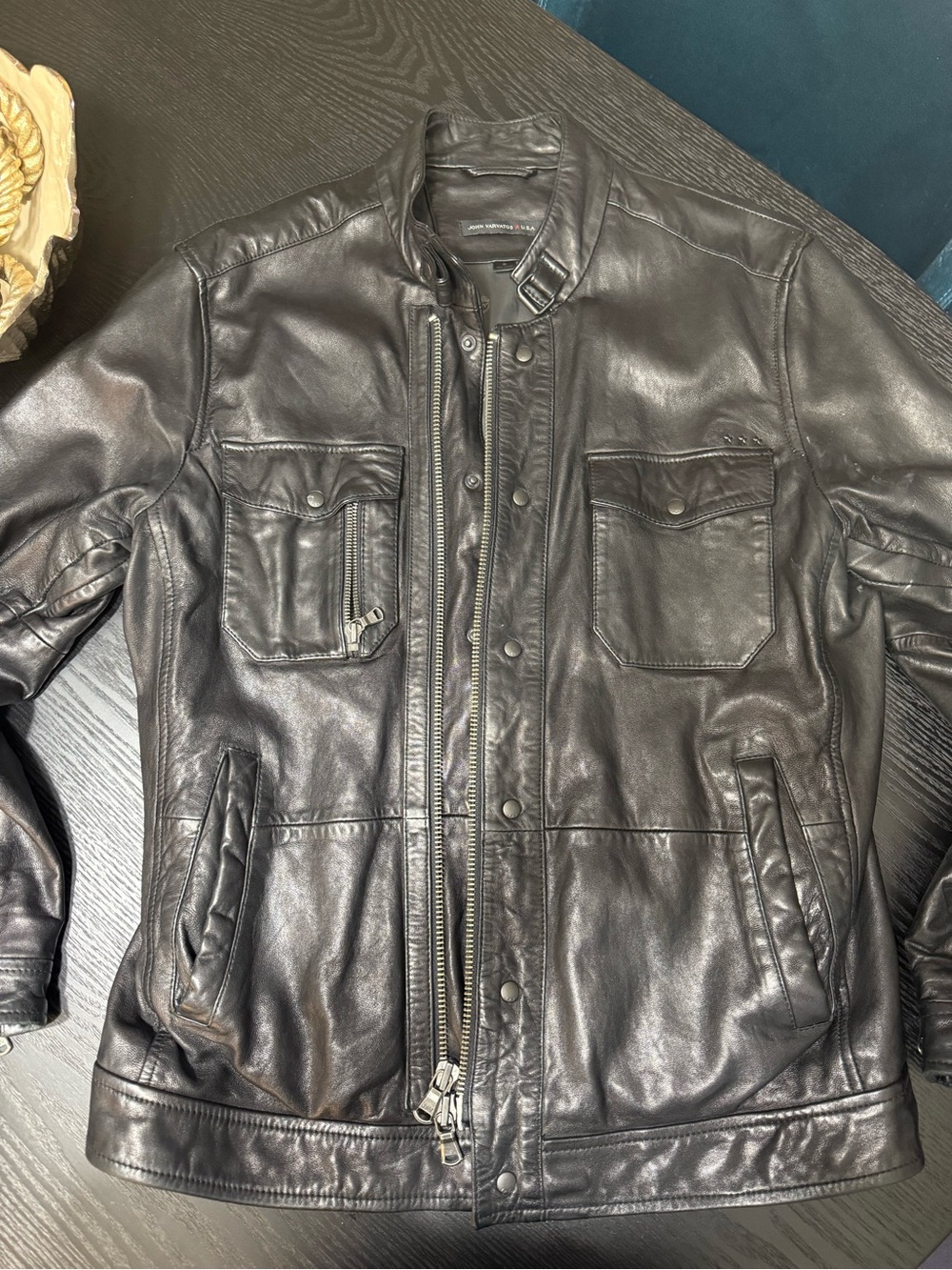 John Varvatos Black Leather Bomber with Snap-Placket